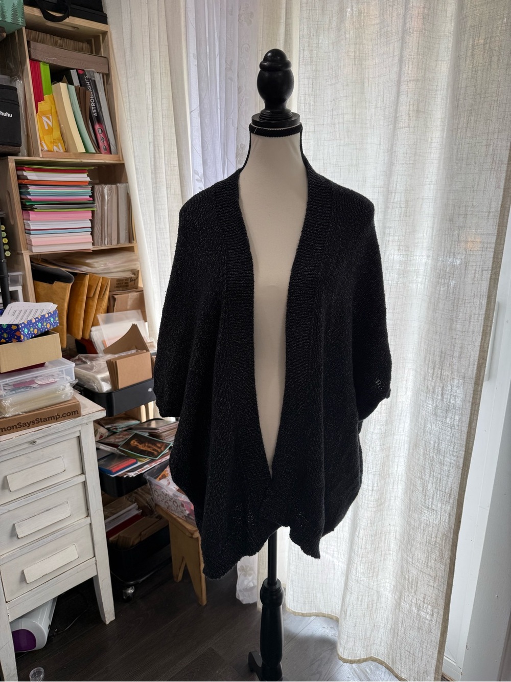 Harlow Black Open-Front Knit Poncho Cardigan
